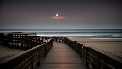 View of the beach of Arafido，Wooden walkway leading to the sea, walking towards the full moon, looking at the full moon, Beautif...