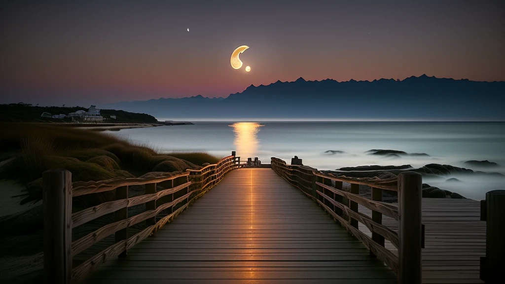 View of the beach of Arafido，Wooden walkway leading to the sea, walking towards the full moon, looking at the full moon, Beautiful moonlight, White moon landscape on sandy beach, Stunning moonlight and shadows, Moonlight at night, Dreamy atmosphere of a moonlit night, Full moon buried in sand, Dramatic moonlight, beautiful moonlight night, Moonlight glow, Dramatic moonlight lighting