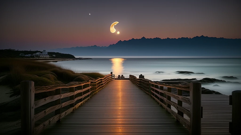 Blick auf den Strand von Arafido，Holzsteg führt zum Meer, zu Fuß in Richtung Vollmond, den Vollmond betrachten, Schönes Mondlicht, Weiße Mondlandschaft am Sandstrand, atemberaubendes Mondlicht und Schatten, Mondlicht in der Nacht, Verträumte Atmosphäre einer Mondnacht, Vollmond im Sand vergraben, Dramatisches Mondlicht, schöne Mondscheinnacht, Mondscheinschimmern, Dramatisches Mondlichtの照明