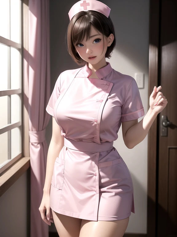 (Ultimate beauty), New Nurse, Very detailed顔, Detailed lips, fine grain, Beautiful Eyes, Short pixie hairstyles for brunettes, ((Laugh with your mouth closed)), (((Wearing a pink nurse uniform)))), Big Breasts, (Thighs Thighs Thighs),  that&#39;that&#39;sit, Perfection body, Perfection face, (((background: A hospital room with many medical devices)))、Cowboy Shot, (Depth of the written border), Perfection in image realism, With detailed background, Detailed costumes, perfection、Hyperrealism、Realistic、Maximum resolution 8K, (masterpiece), Very detailed, Professional　2 Japanese woman,(Very detailedな肌)(Beautiful female body)(Beautiful Big Breasts)(Big Breasts)(Pale skin)(Pointed Chest),(Erect nipples)(Best image quality)(Hyperrealism portrait),(8k),(ultra-realistic,最high quality, high quality, High resolution)(high quality texture)(Attention to detail)(Beautiful details)(detailed,Extremely detailed CG,detailed Texture)(Realistic facial expressions,masterpiece,in front,dynamic,bold),(((short pixie cut))),(Very thin hair)(Super Straight Hair:1.5)( sleek bangs,Very light coppery amber hair,Hair in one eye)　(((No clothes)))　(((Completely naked)))　(((NUDE)))　(((Emphasizing the expression of M-shaped open legs)))　(((Her nipples are visible)))(((Emphasis on the exposure of the genitals in the groin))　(((I&#39;No clothes)))　(((Front view)))　(((Accentuate the crotch)))　(((She is spreading her legs boldly)))　(((The lines of the body are clearly visible)))、(((Depiction of beautiful fingers)))　(((Beautiful body depiction)))　(((Accentuate the crotch)))(((I can see your thighs)))(((Sleep on your back)))(((Accurate M-shaped leg splits)))、(((Full body photo)))、(((Low angle photo)))、(((Correct ankle orientation)))(((The correct number of legs)))　(((Accurate Body Composition)))　(((Accurate full body photo from the front)))(((Exact number of hands)))