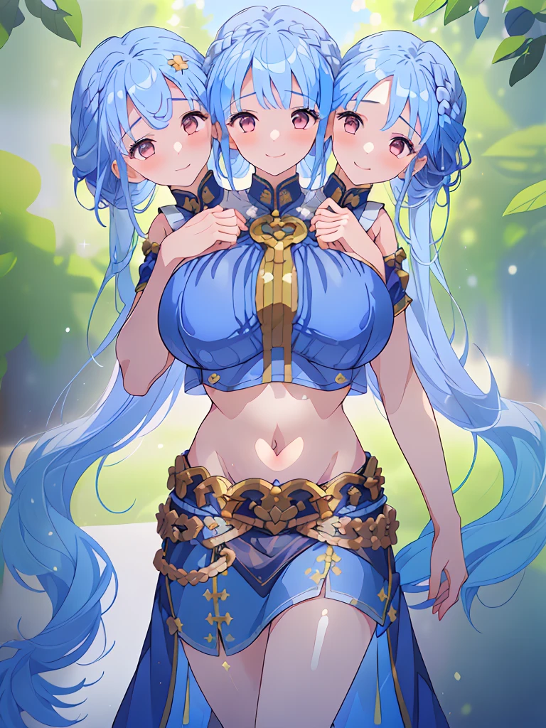 (masterpiece, best quality), best resolution, (3heads:1.5), 1girl, blue hair, long flowing hair, smiling, open belly, blue crop top, blue miniskirt, open breasts, huge tits,
