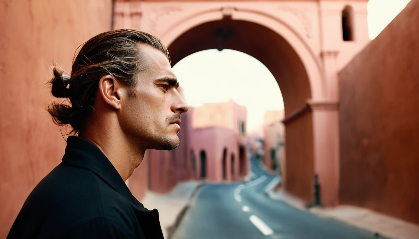 A captivating image of a man from behind contemplating the obstacles that stand in his way. Your muscles tense, revealing your muscles. The background features a narrow, winding road, partially obscured by a small ornate arch. Soft tones and soft focus allow the viewer to focus on the man, emphasizing the unique expression on his face. telephoto lens, soft lighting, warm tones of Annie Leibovitz by David LaChapelle
