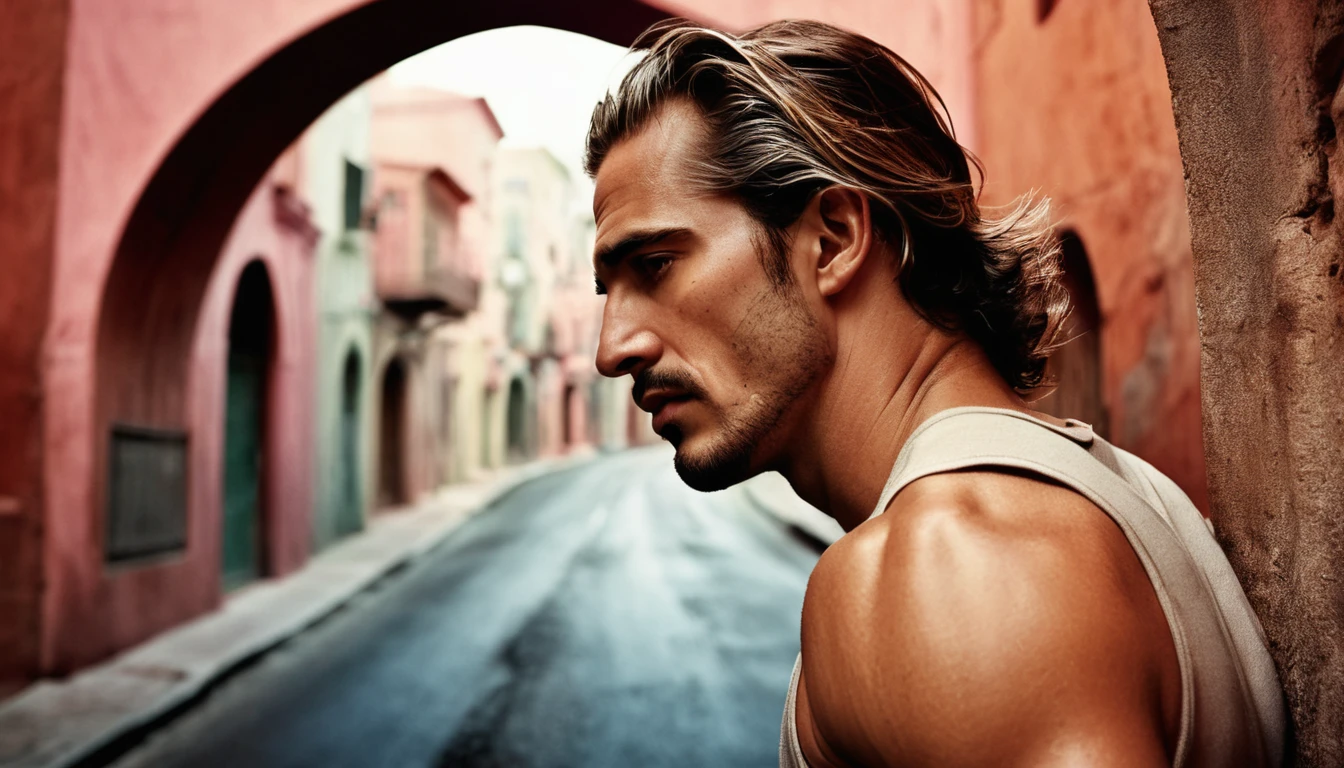 A captivating image of a man from behind contemplating the obstacles that stand in his way. Your muscles tense, revealing your muscles. The background features a narrow, winding road, partially obscured by a small ornate arch. Soft tones and soft focus allow the viewer to focus on the man, emphasizing the unique expression on his face. telephoto lens, soft lighting, warm tones of Annie Leibovitz by David LaChapelle
