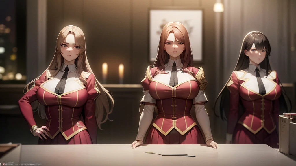 a masterpiece photo of 3 beautiful plump brunette sisters with long voluminous hair, Auburn haired sisters, different hair colors, matching hairstyles, hazel eyes, big And round bust, matching uniforms, serious expressive, flat color, same height, organized pose, back to back, best quality, 4k, 8k, highres, masterpiece:1.2, ultra-detailed, realistic, photorealistic, photo-realistic:1.37, HDR, UHD, studio lighting, ultra-fine painting, sharp focus, physically-based rendering, extreme detail description, professional, vivid colors, bokeh