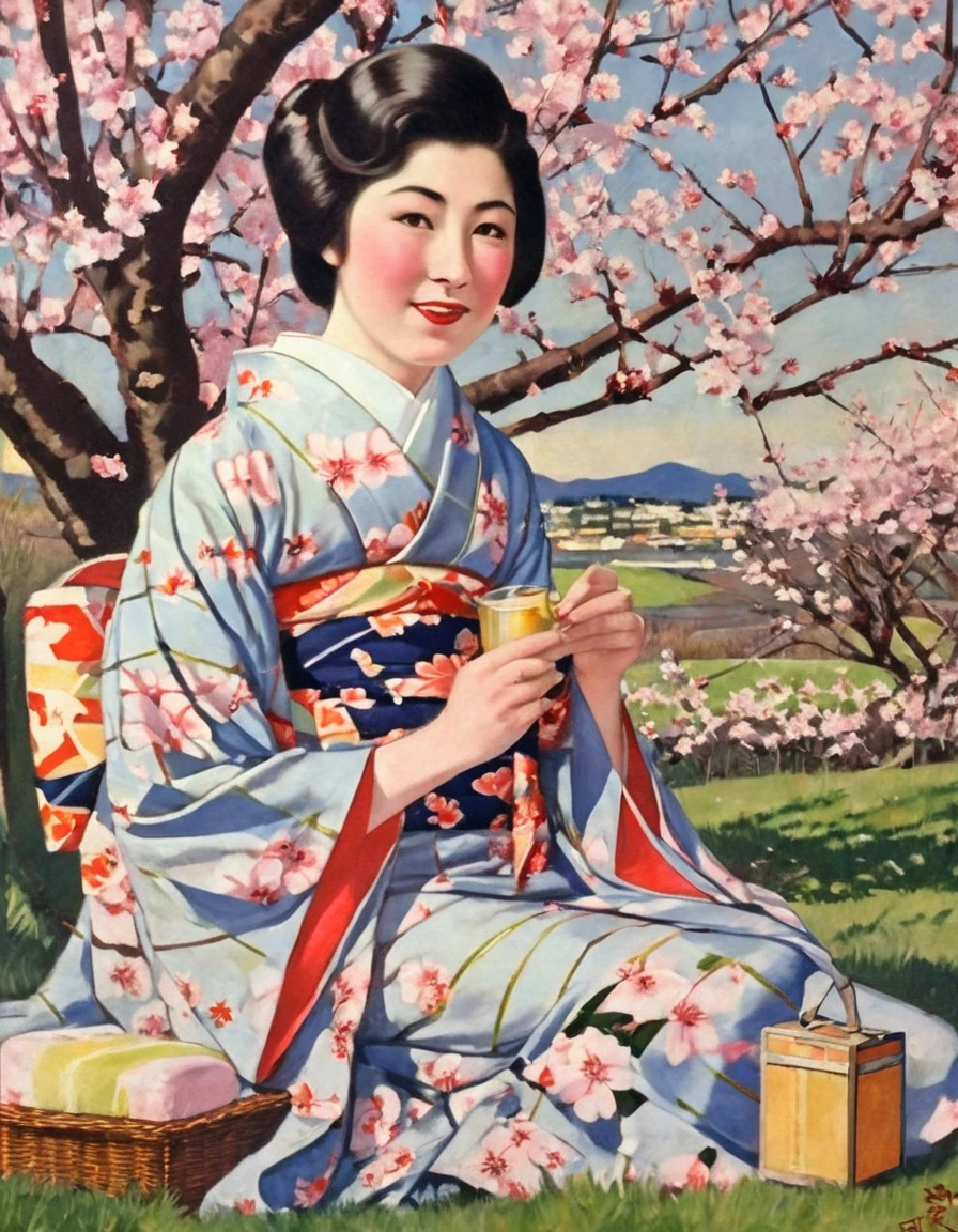 Highest quality、masterpiece,Retro image of a Japanese poster from the 1930s,oil painting style,One young woman、Kimono with geometric pattern、Sitting on a picnic seat outside admiring the cherry blossoms、Close-up