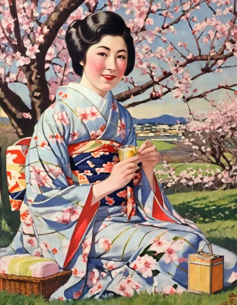 highest quality、masterpiece,retro image of a japanese poster from the 1930s,oil painting style,one young woman、kimono with geome...