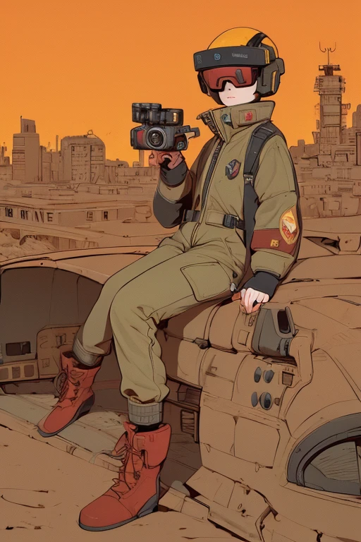 full body image, (ultra detailed,ultra high res,detailed background),((2D)),((flat color)),((muted color)), 1solo, looking at viewer, baggy red flight suit, large shearling collared bomber jacket, (big yellow galoshes), plush collar, full body image, wearing vr goggles, ((baron desert intricut background)), ((apocalyptic city)), entire body in frame, ((drone next to her))