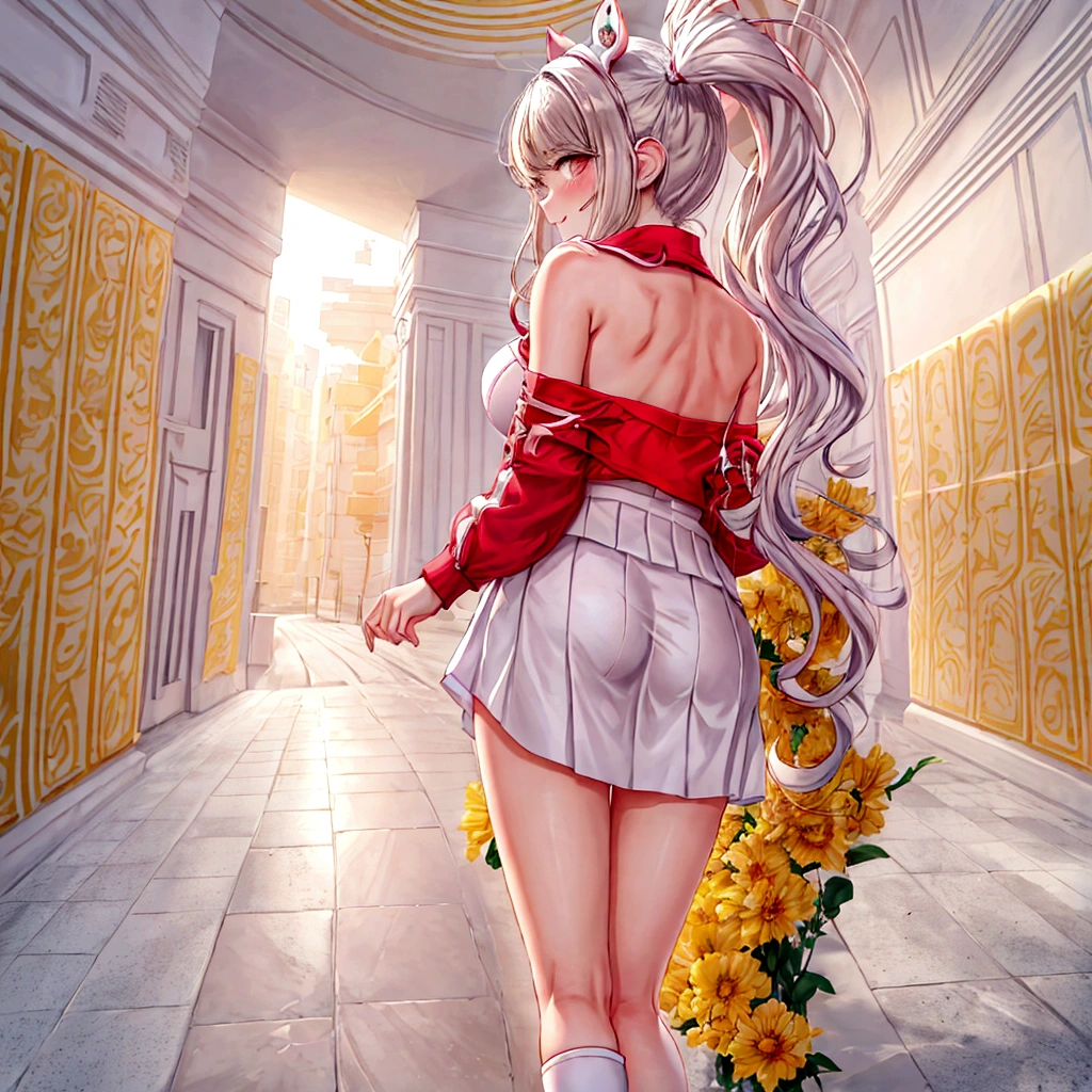 an anime girl, Close-up view, short white dress, ruffled skirt, summer clothes, white sandal, very detailed face, perfect lighting, Very detailed CG, perfect hand, BIG BREASTS, perfect anatomy, whole body, look back, go up the escalators, Mall, focus on thigh , Tomada from below, Vista from behind, white panties, skirt blown up by the wind, Fully exposed panties, shows his ass, wavy brown hair, hair above the shoulder, long hair, expressive hair, bright Eyes, yellow eyes, cat ears, modo kemonomimi, sad smile, blush, shading, expressions, Red lips, anime, from behind, from below, three side view, UHD, Masterpiece, high quality, high resolution