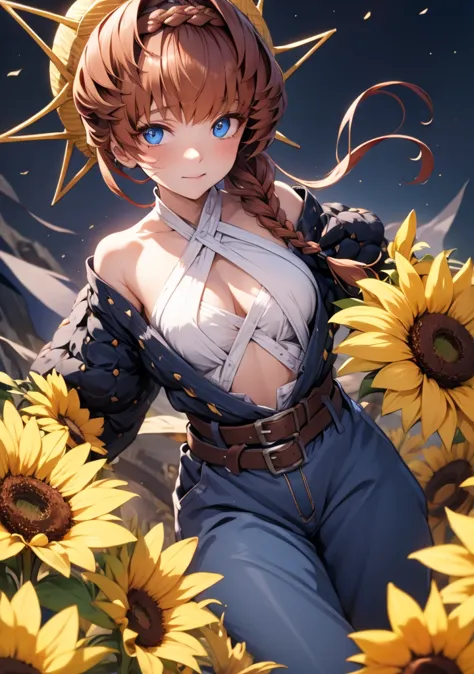 vangogh, van gogh, blue eyes, braid, brown hair, crown braid, side braid,
break belt, black sleeves, blue overalls, buckle, clot...