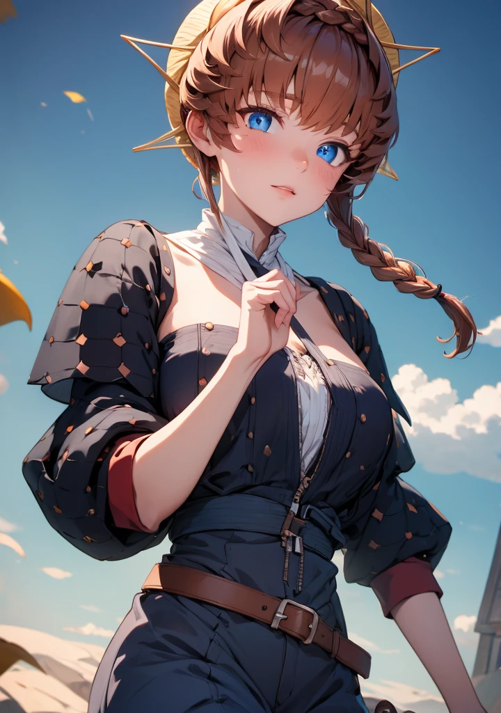 vangogh, van gogh, blue eyes, braid, brown hair, crown braid, side braid,
BREAK belt, black sleeves, blue overalls, buckle, clothing cutout, flower, navel, navel cutout, orange headwear, overalls, puffy sleeves, striped, striped headwear, sunflower, zipper pull tab,
BREAK looking at viewer,
BREAK outdoors,
BREAK (masterpiece:1.2), best quality, high resolution, unity 8k wallpaper, (illustration:0.8), (beautiful detailed eyes:1.6), extremely detailed face, perfect lighting, extremely detailed CG, (perfect hands, perfect anatomy),