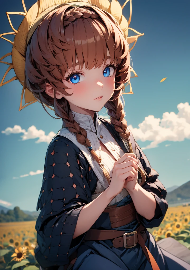 vangogh, van gogh, blue eyes, braid, brown hair, crown braid, side braid,
BREAK belt, black sleeves, blue overalls, buckle, clothing cutout, flower, navel, navel cutout, orange headwear, overalls, puffy sleeves, striped, striped headwear, sunflower, zipper pull tab,
BREAK looking at viewer,
BREAK outdoors,
BREAK (masterpiece:1.2), best quality, high resolution, unity 8k wallpaper, (illustration:0.8), (beautiful detailed eyes:1.6), extremely detailed face, perfect lighting, extremely detailed CG, (perfect hands, perfect anatomy),