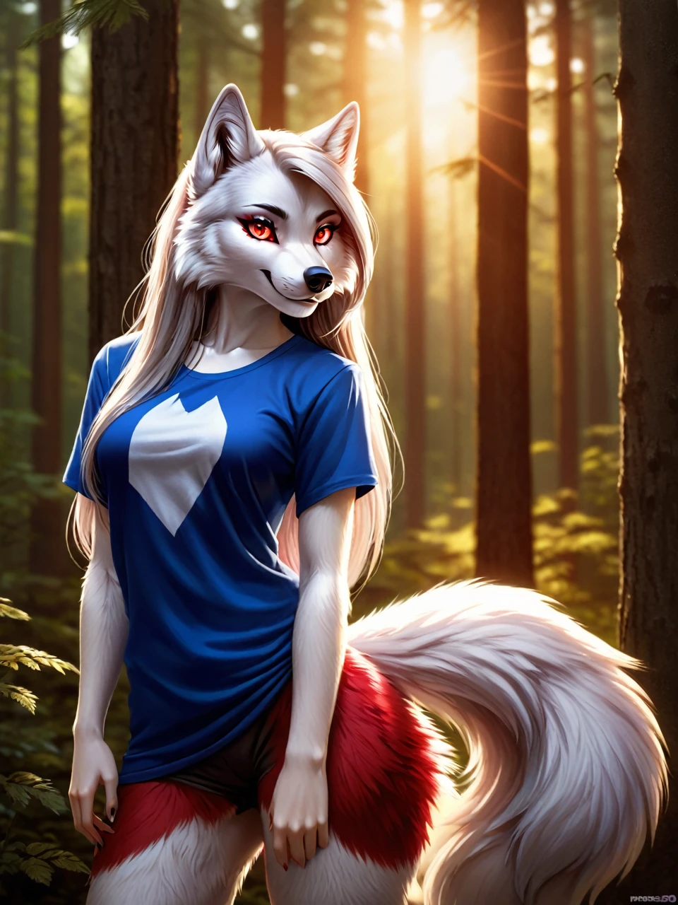 Posing, Female, 30 years old, cute, eyeliner, long hair, biting lip smile, blue shirt, bedroom eyes, anthro, wolf ears, (white fur:1.5), baggy shirt, wolf, forest background, 8k, hi res, (best quality, masterpiece), red glowing eyes, (wolf tail:1.5), (detailed fur:2.0), realistic 