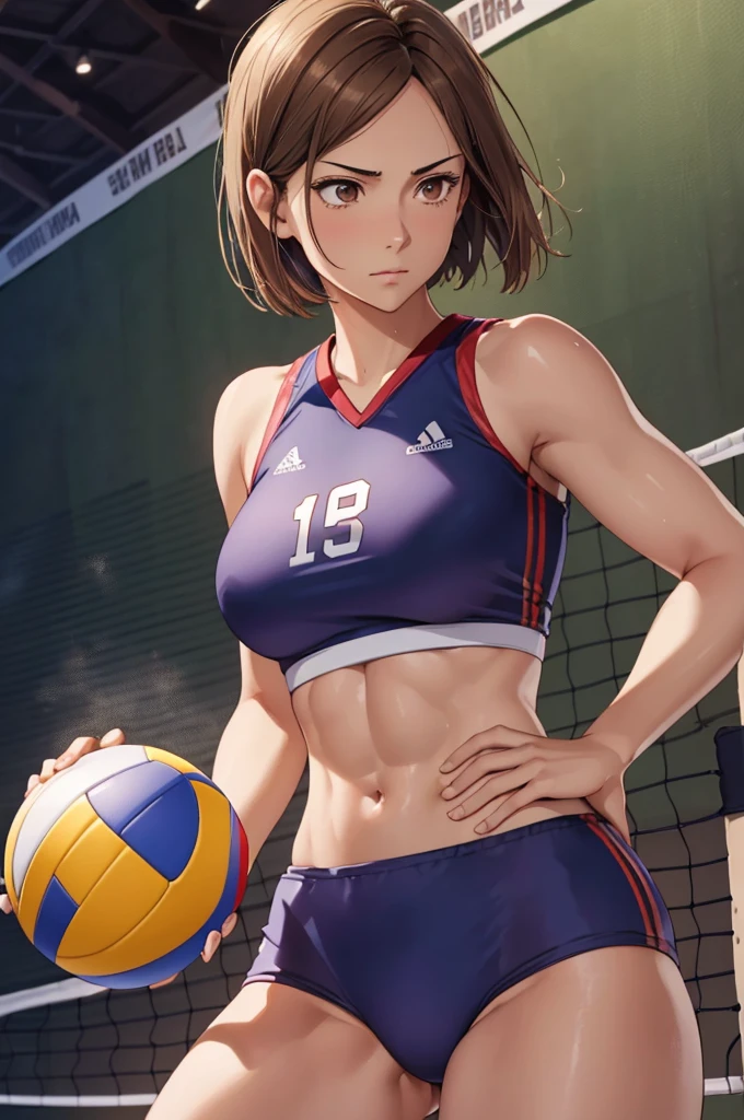(Highest quality:1.5, High resolution, uhd, 4K, Detailed lighting, Shaders), ((Kugisaki Nobara)) ,solo short hair　Brown Hair　Brown eyes　Cool face　　((Volleyball Uniforms))++　Realistic gym　 Sweat　Super oily skin　Beautiful Abs　Preparing for exercise　No ball　No sleeve　Cowboy Shot