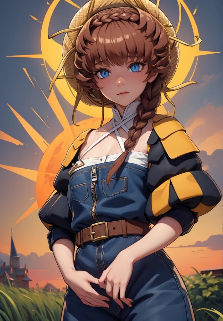 vangogh, van gogh, blue eyes, braid, brown hair, crown braid, side braid,
BREAK belt, black sleeves, blue overalls, buckle, clothing cutout, flower, navel, navel cutout, orange headwear, overalls, puffy sleeves, striped, striped headwear, sunflower, zipper pull tab,
BREAK looking at viewer,
BREAK outdoors,
BREAK (masterpiece:1.2), best quality, high resolution, unity 8k wallpaper, (illustration:0.8), (beautiful detailed eyes:1.6), extremely detailed face, perfect lighting, extremely detailed CG, (perfect hands, perfect anatomy),