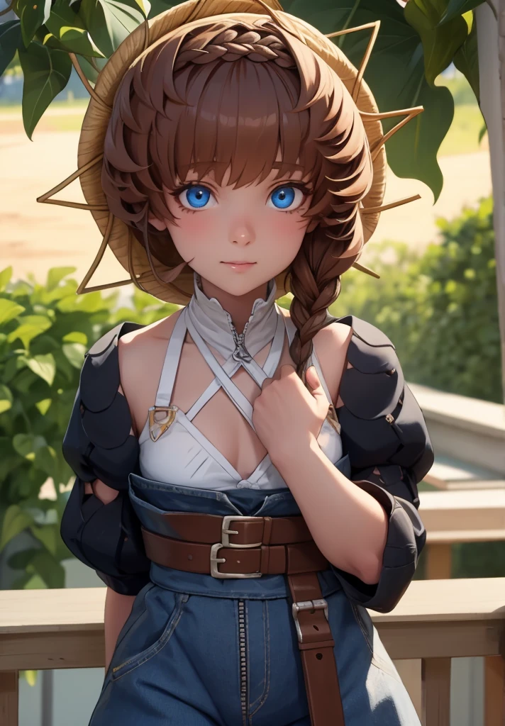 vangogh, van gogh, blue eyes, braid, brown hair, crown braid, side braid,
BREAK belt, black sleeves, blue overalls, buckle, clothing cutout, flower, navel, navel cutout, orange headwear, overalls, puffy sleeves, striped, striped headwear, sunflower, zipper pull tab,
BREAK looking at viewer,
BREAK outdoors,
BREAK (masterpiece:1.2), best quality, high resolution, unity 8k wallpaper, (illustration:0.8), (beautiful detailed eyes:1.6), extremely detailed face, perfect lighting, extremely detailed CG, (perfect hands, perfect anatomy),