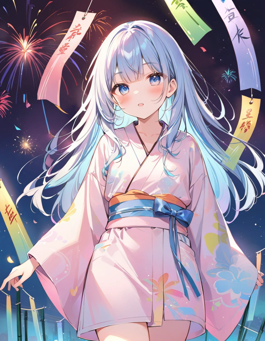 masterpiece, best quality, extremely detailed, (illustration, official art:1.1), 1 girl ,(((( light blue long hair)))), ,(((( light blue long hair)))),light blue hair, long hair ((blush)) , cute face, big eyes, masterpiece, best quality,(((((a very delicate and beautiful girl,))))),Amazing,beautiful detailed eyes,blunt bangs、((((little delicate girl)))),tareme(true beautiful:1.2), sense of depth,dynamic angle, ,flat chest, Tanabata、、Bamboo leaf、Grilling in a yukata,fluid,Particles of light, dream-like,Sparkling,dream-like glow,Paint drips,oil,strong stroke,Paint drips,Splash Paint Drop, ,(Abstract:1.2)(Tanabata:1.25),Change to (Radioluminescence light tracking) Style Fireworks,(Cowboy Shot,Above Knee Portrait:1.25),Temple Fair,Summer festival,Shining in rainbow colors、16K, Ultra-high resolution, to be born,wonderful ,future、Iridescent、