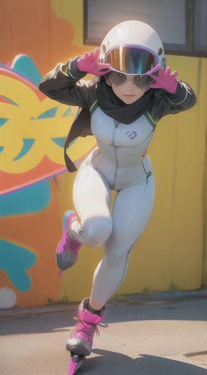 (ultra detailed,ultra high res,detailed background),((2D)),((flat color)),((muted color)),((floating neon)),1girl,solo,looking at viewer, spray paint, graffiti, girl in a white fencing suit, long plush scarf, full body image, adult woman, anatomically perfect face, face in focus, symmetrical face, rollerskates, wearing a 1950's scifi helmet with a visor, big sunglasses, ((action pose, in motion))