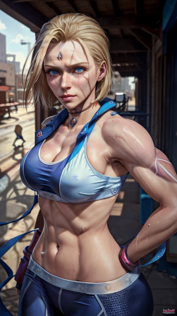 ((((masterpiece, best quality, high resolution)))), Extremely detailed 8K, 1 female, (Cammy White) wearing her Cammy White outfit, (Ultra HD, Ultra-detailed, Highly detailed, Highly realistic, Ultra-realistic, photograph realistic), (1girl:1.5), (Realistic short blond hair), (dynamic poses), facing at camera, looking at viewer, (a serious focus face), (regular blue eyes, sharp eyes), (perky breasts:1.2), (beautiful detailed face, beautiful detailed eyes), ((slightly sweating)), (preparing for a workout), sweat, glow, (sunbeam, sunlight), ((cowboy shot)), streets background, seductive, EnvyBetterHands LoCon,