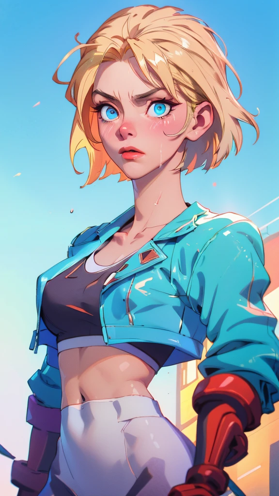 ((((masterpiece, best quality, high resolution)))), Extremely detailed 8K, 1 female, (Cammy White) wearing her Cammy White outfit, (Ultra HD, Ultra-detailed, Highly detailed, Highly realistic, Ultra-realistic, photograph realistic), (1girl:1.5), (Realistic short blond hair), (dynamic poses), facing at camera, looking at viewer, (a serious focus face), (regular blue eyes, sharp eyes), (perky breasts:1.2), (beautiful detailed face, beautiful detailed eyes), ((slightly sweating)), (preparing for a workout), sweat, glow, (sunbeam, sunlight), ((cowboy shot)), streets background, seductive, EnvyBetterHands LoCon,