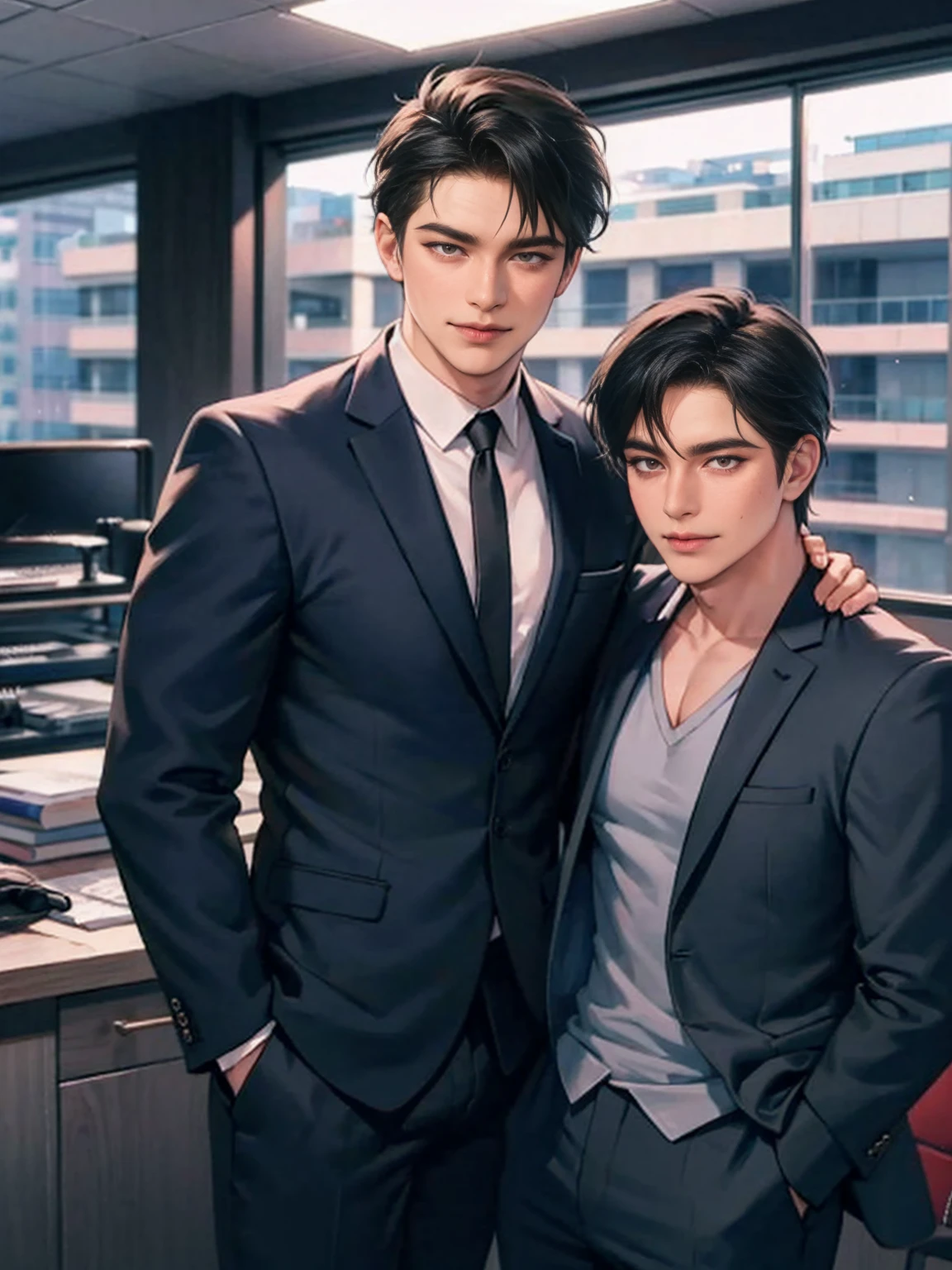 The protagonist talks to a man in a business suit with long black hair, Actor smiles，The picture is pleasant, Five luxurious offices