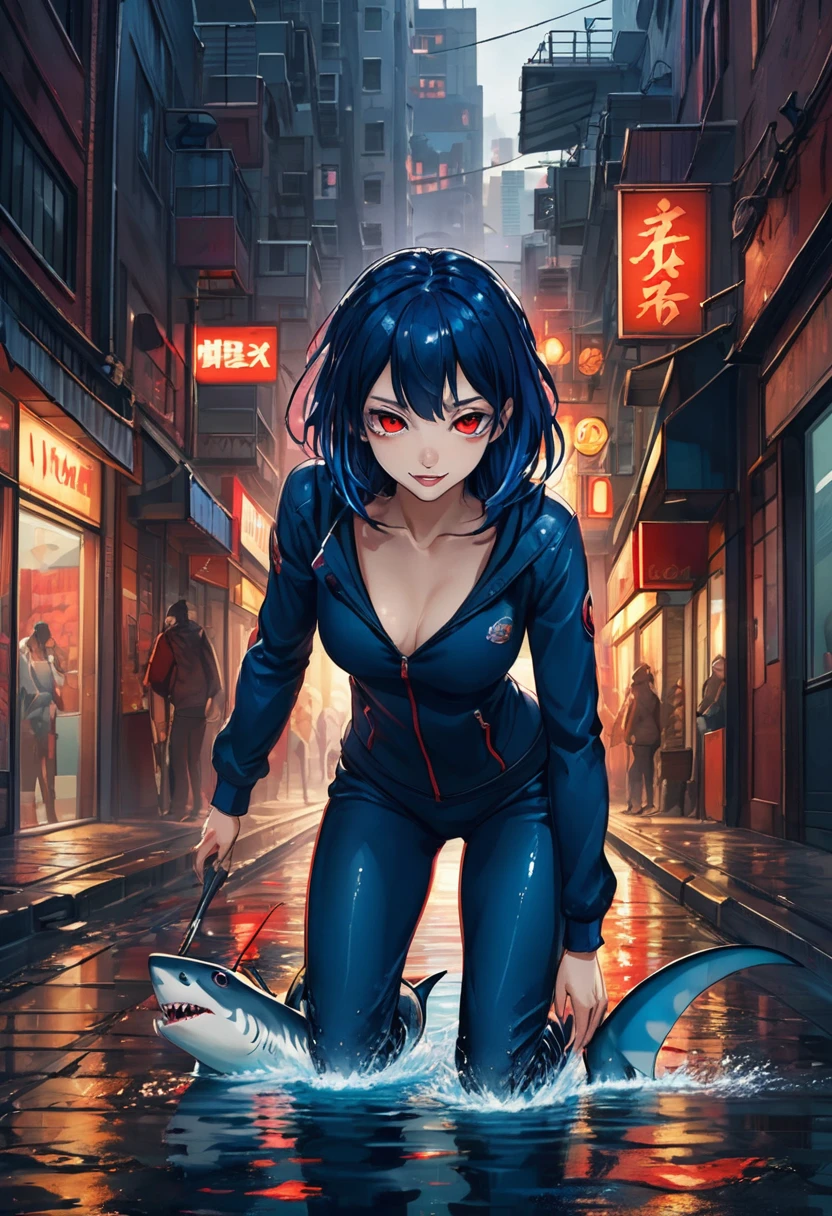 dark blue hair, hair over one eye, wet hair, cornrows, rolling eyes, bloodshot eyes, red eyes, clenched teeth, fangs, Surrealism, Hyperrealism, anime style, panorama, cinematic lighting, backlighting, 8k, super detail, UHD, masterpiece, accurate, anatomically correct, textured skin, super detail, high details, high quality, award winning, best quality, highres
"A man with shark-like skin in a rundown urban setting."