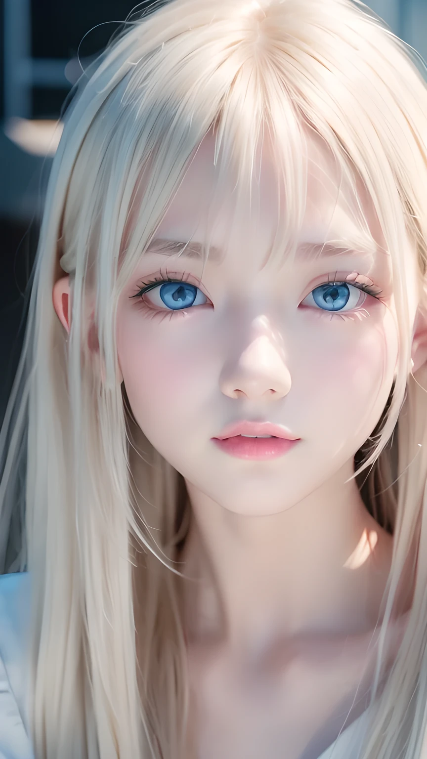 Clear white glossy skin、Face gloss、Bangs that hang in front of a cute face、16 year old incredibly cute sexy little beautiful Norwegian blonde、Shiny light blue eyes with details (Looking straight at the camera), SLR lighting, Single-lens reflex camera, super high quality, sharpness, Depth of written boundary, Film Grain (Centered), Fujifilm XT3, Crystal clear, Frame Center, A perfectly beautiful face、Beautiful face、Beautiful, sparkling, bright, super long, straight blonde hair、Silky Long Van、Obscuring her beautiful pale blue eyes that sparkle, Sexy face hiding hair super long blonde sexy cute young woman super long blonde shiny glossy hair、Small Face Beauty、Round face