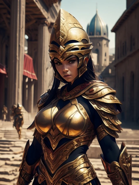 beautiful warrior woman in golden greek armor, porfect human face detailed, Jet black hair, hoplite helmet, muscular, huge naked breasts, I look at the viewer, foreground, model photo poses, work of art, best qualityer, 8K, nblurry background, medieval fantasy castle in the background