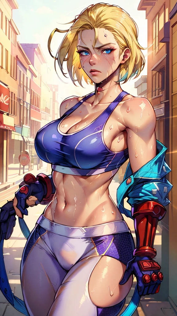 ((((masterpiece, best quality, high resolution)))), Extremely detailed 8K, 1 female, (Cammy White) wearing her Cammy White outfit, (Ultra HD, Ultra-detailed, Highly detailed, Highly realistic, Ultra-realistic, photograph realistic), (1girl:1.5), (Realistic short blond hair), (dynamic poses), facing at camera, looking at viewer, (a serious focus face), (regular blue eyes, sharp eyes), (perky breasts:1.2), (beautiful detailed face, beautiful detailed eyes), ((slightly sweating)), (preparing for a workout), sweat, glow, (sunbeam, sunlight), ((cowboy shot)), streets background, seductive, EnvyBetterHands LoCon,