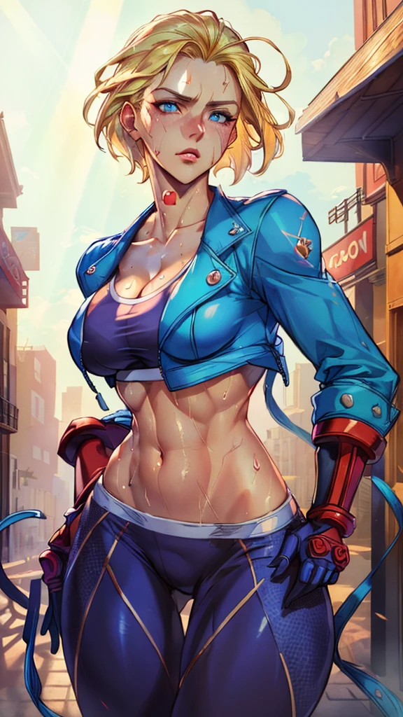 ((((masterpiece, best quality, high resolution)))), Extremely detailed 8K, 1 female, (Cammy White) wearing her Cammy White outfit, (Ultra HD, Ultra-detailed, Highly detailed, Highly realistic, Ultra-realistic, photograph realistic), (1girl:1.5), (Realistic short blond hair), (dynamic poses), facing at camera, looking at viewer, (a serious focus face), (regular blue eyes, sharp eyes), (perky breasts:1.2), (beautiful detailed face, beautiful detailed eyes), ((slightly sweating)), (preparing for a workout), sweat, glow, (sunbeam, sunlight), ((cowboy shot)), streets background, seductive, EnvyBetterHands LoCon,