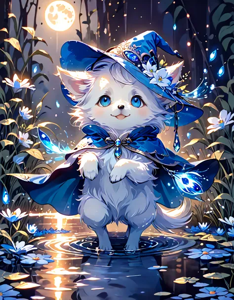 absurdres, highres, ultra detailed, HDR, master piece, small dog, white dog, expressive blue eyes, magical hat, cute, best quali...