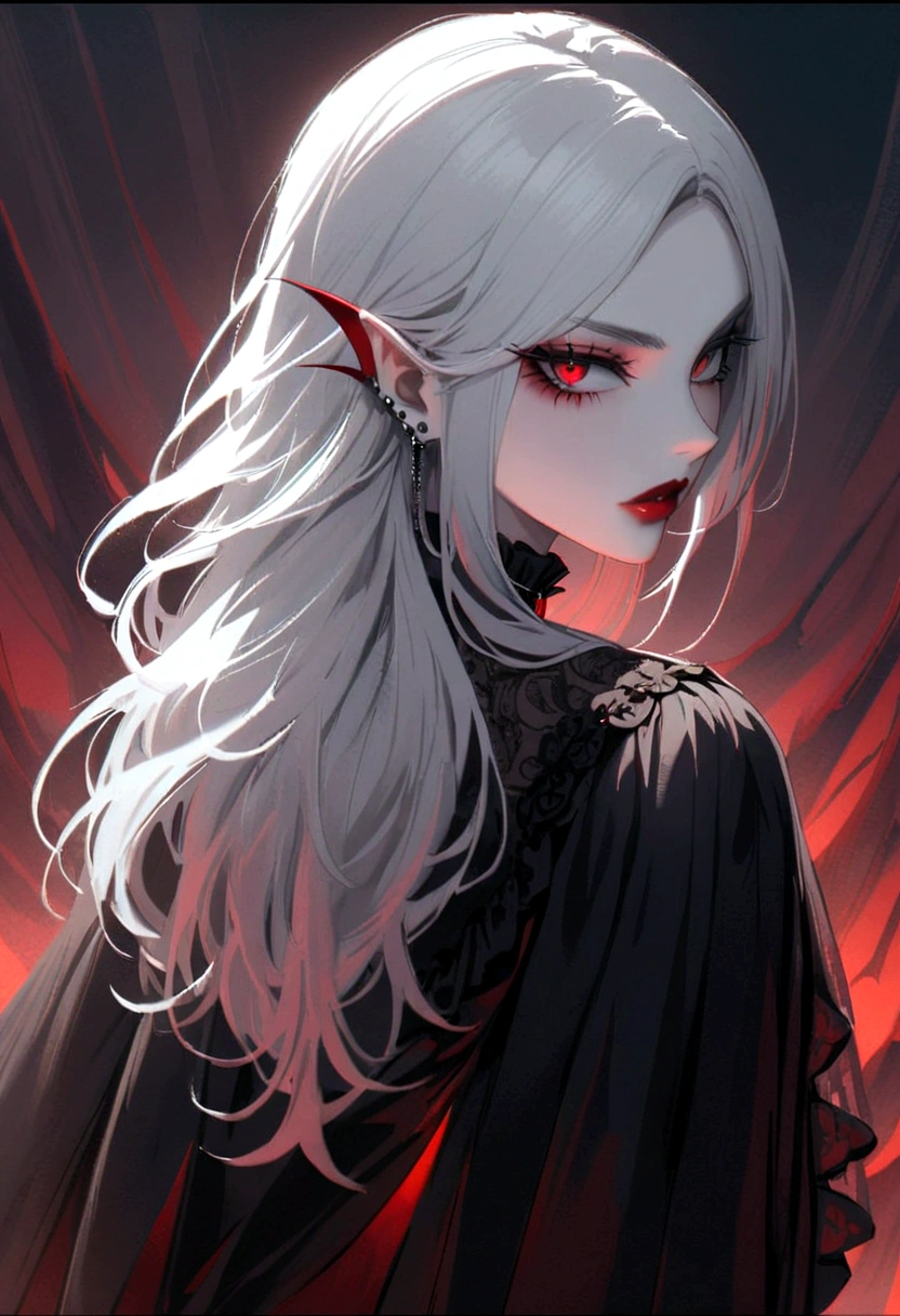 Beautiful vampire woman , long  white  hair , Eyes red , black gown , black victorian dress , piercing look and red lipstick , backwards, looking back