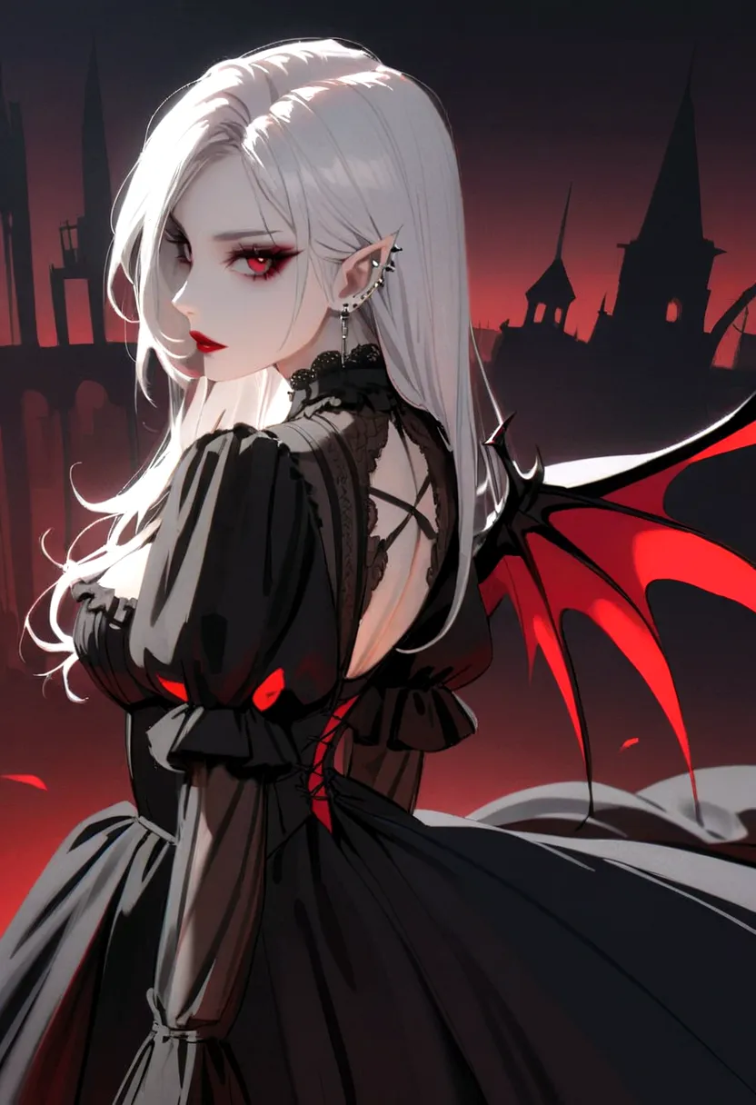 beautiful vampire woman , long  white  hair , eyes red , black gown , black victorian dress , piercing look and red lipstick , b...