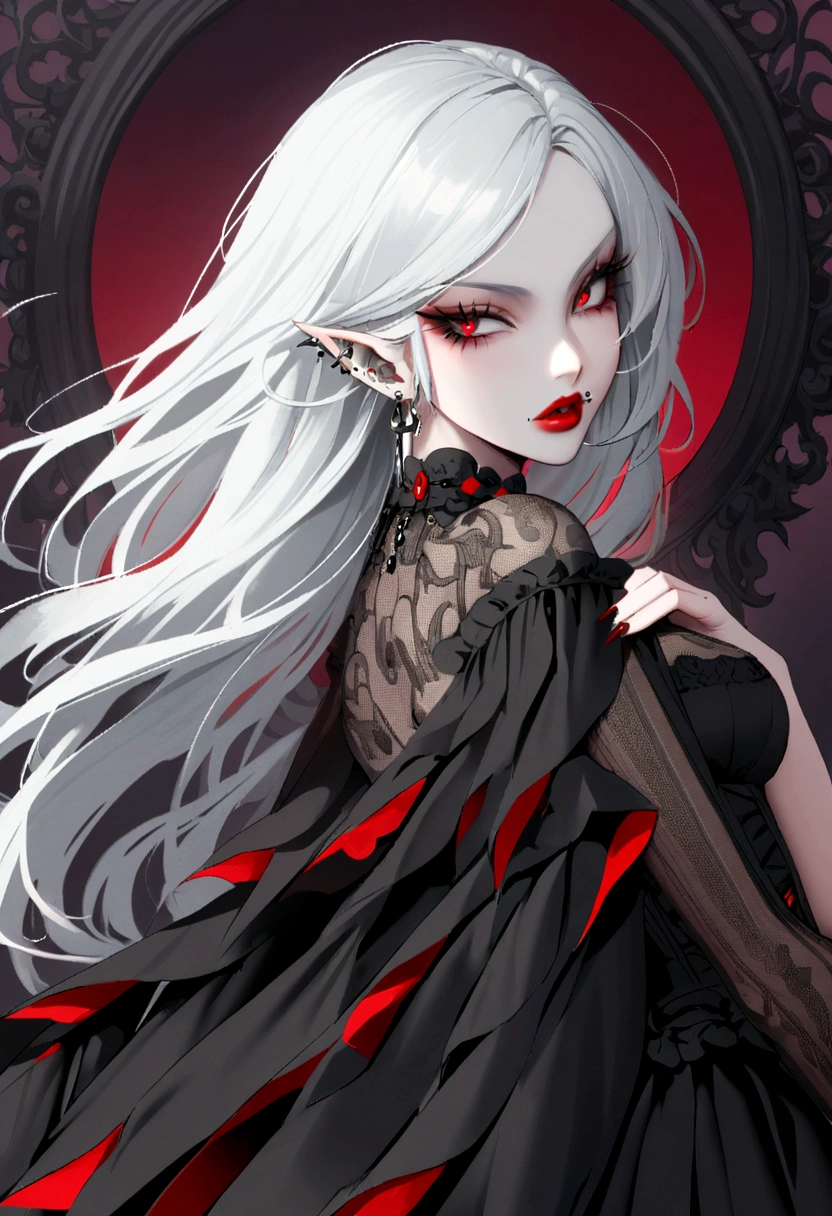 Beautiful vampire woman , long  white  hair , Eyes red , black gown , black victorian dress , piercing look and red lipstick , backwards, looking back