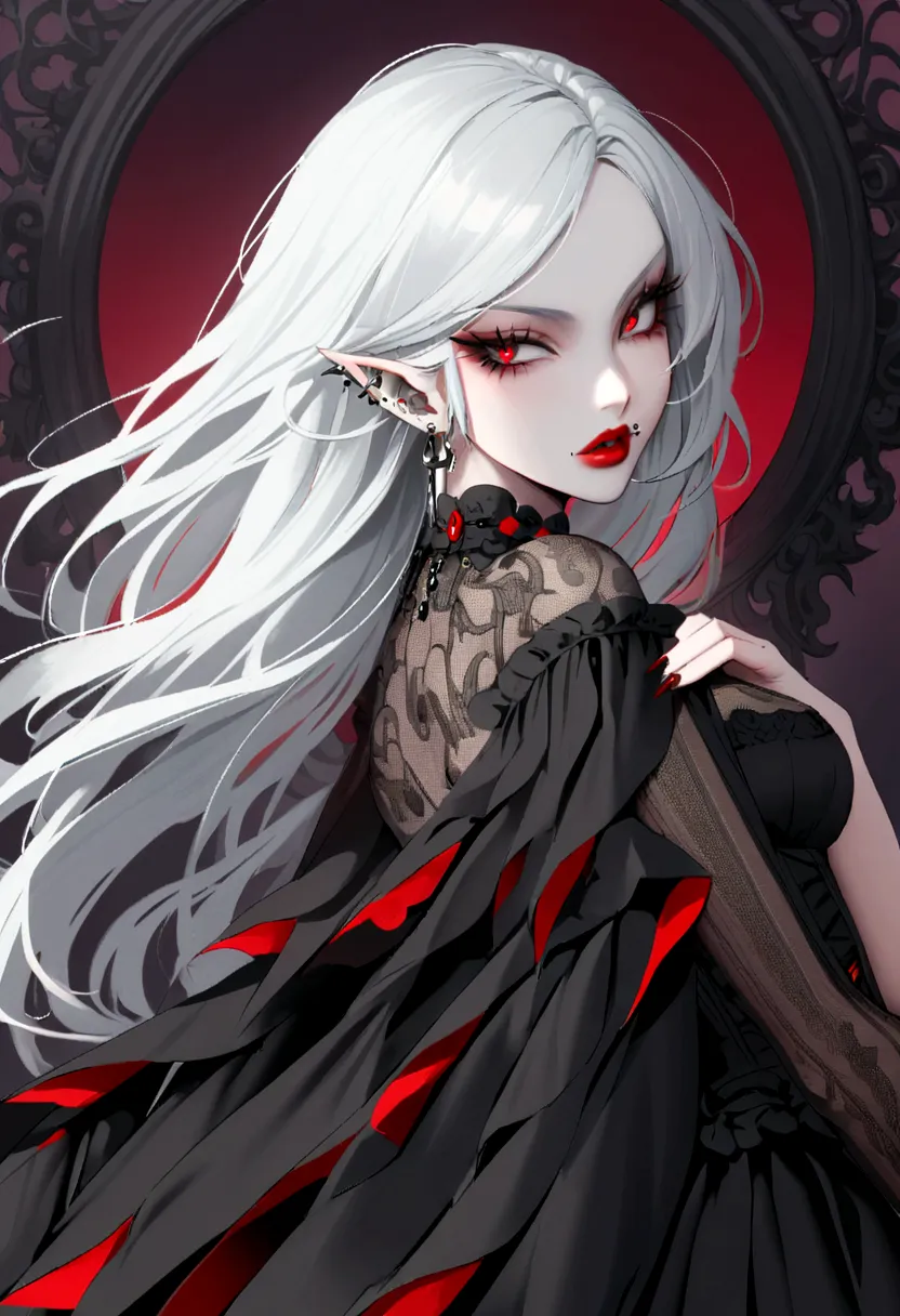 Beautiful vampire woman , long  white  hair , Eyes red , black gown , black victorian dress , piercing look and red lipstick , b...