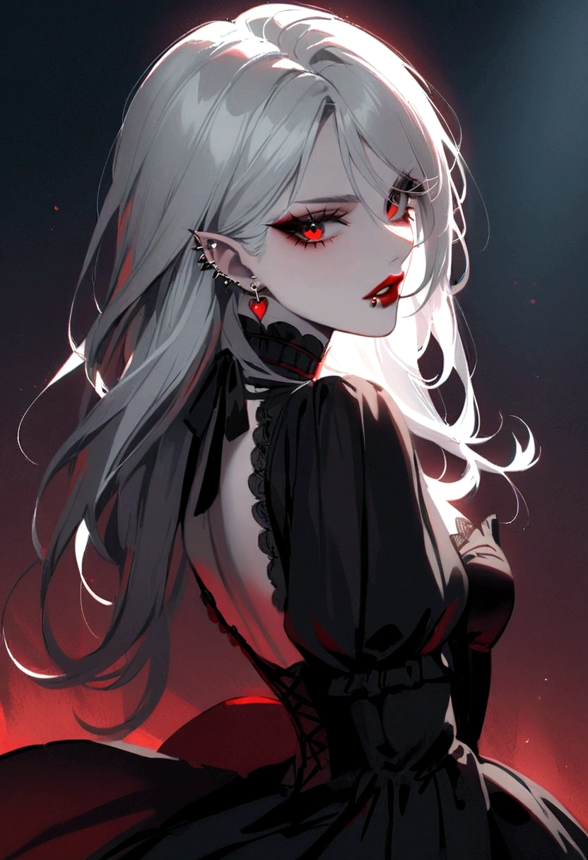 Beautiful vampire woman , long  white  hair , Eyes red , black gown , black victorian dress , piercing look and red lipstick , backwards, looking back