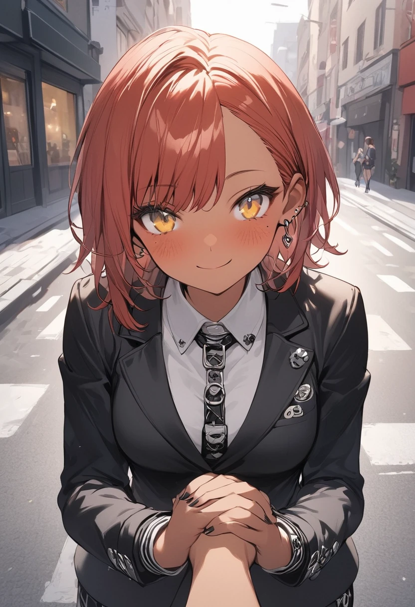 bestquality,1girl, tan skin, freckles, short red hair,left eye blue, right eye yellow, medium breasts,light smile,look at viewer,,blazer, stylish punk outfit ,bf_holding_hands,pov,blush,street, 