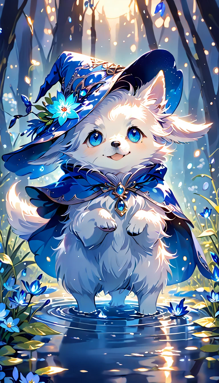 absurdres, highres, ultra detailed, HDR, master piece, small dog, white dog, expressive blue eyes, magical hat, cute, best quality, blue moon, flowers, fantasy, magical, solo, water, blue shining fireflies, blue petals, cape,