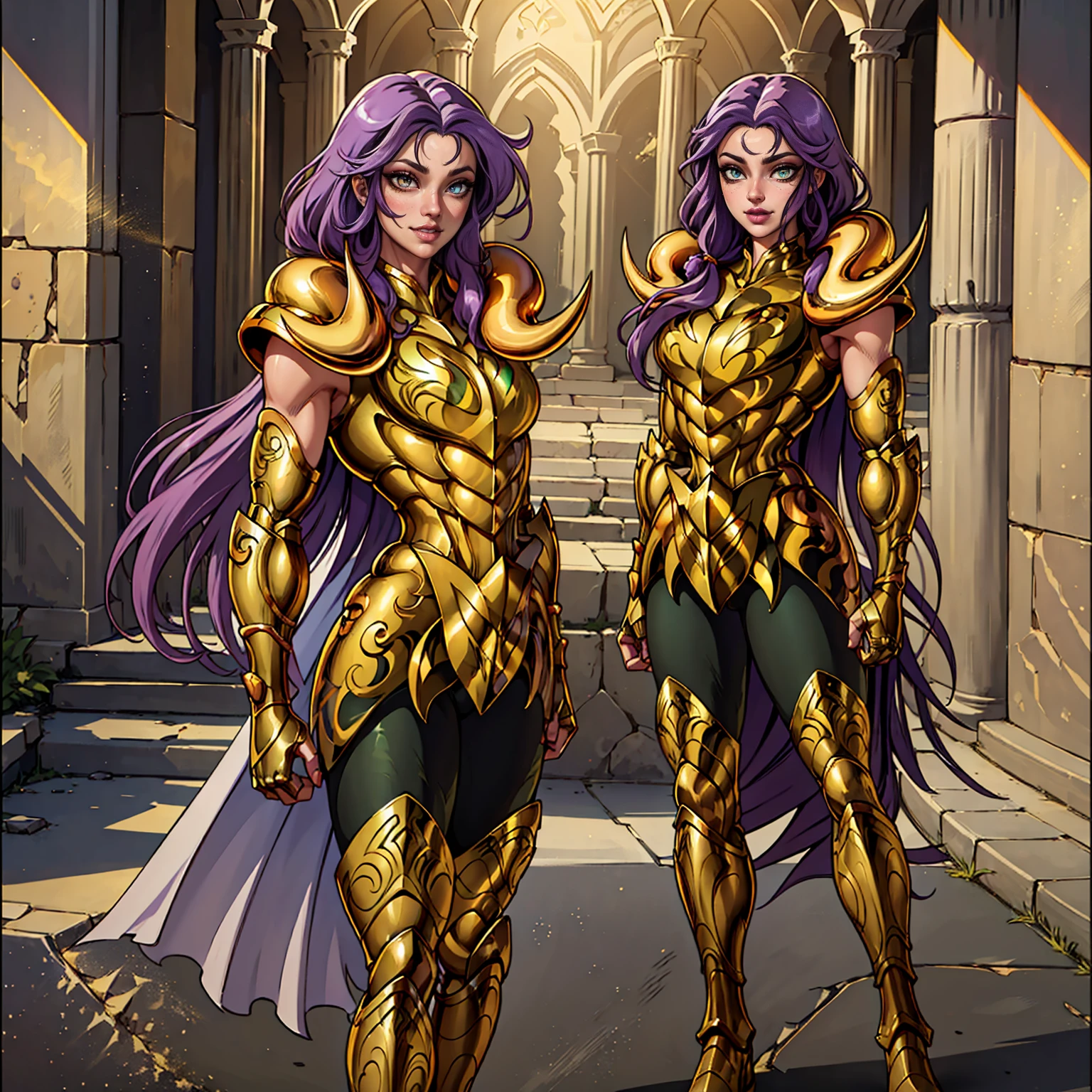 aries, ((long purple hair, glowing green eyes, lipstick, makeup, narrow waist, skinny, medium breasts, alone)), pelvic curtain, ((golden shinning armor, reflection armor)), full body, perfect body, (insanely detailed, beautiful detailed face, masterpiece, best quality) , (((solo))), (((1girl))), (((mature))), (extremely detailed 8k paper CG wall unit: 1.1), (greek ruins background, dusk), (smile face for the viewer), eropose