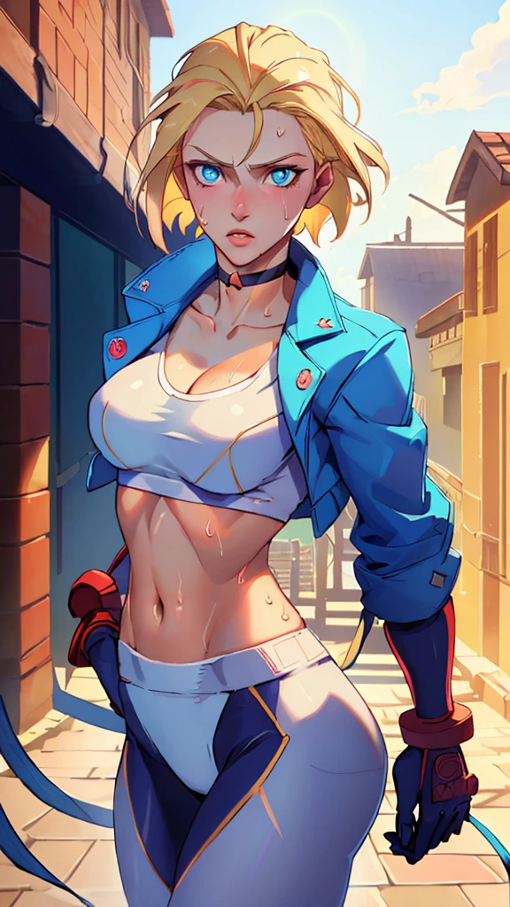 ((((masterpiece, best quality, high resolution)))), Extremely detailed 8K, 1 female, (Cammy White) wearing her Cammy White outfit, (Ultra HD, Ultra-detailed, Highly detailed, Highly realistic, Ultra-realistic, photograph realistic), (1girl:1.5), (Realistic short blond hair), (dynamic poses), facing at camera, looking at viewer, (a serious focus face), (regular blue eyes, sharp eyes), (perky breasts:1.2), (beautiful detailed face, beautiful detailed eyes), ((slightly sweating)), (preparing for a workout), sweat, glow, (sunbeam, sunlight), ((cowboy shot)), streets background, seductive, EnvyBetterHands LoCon,