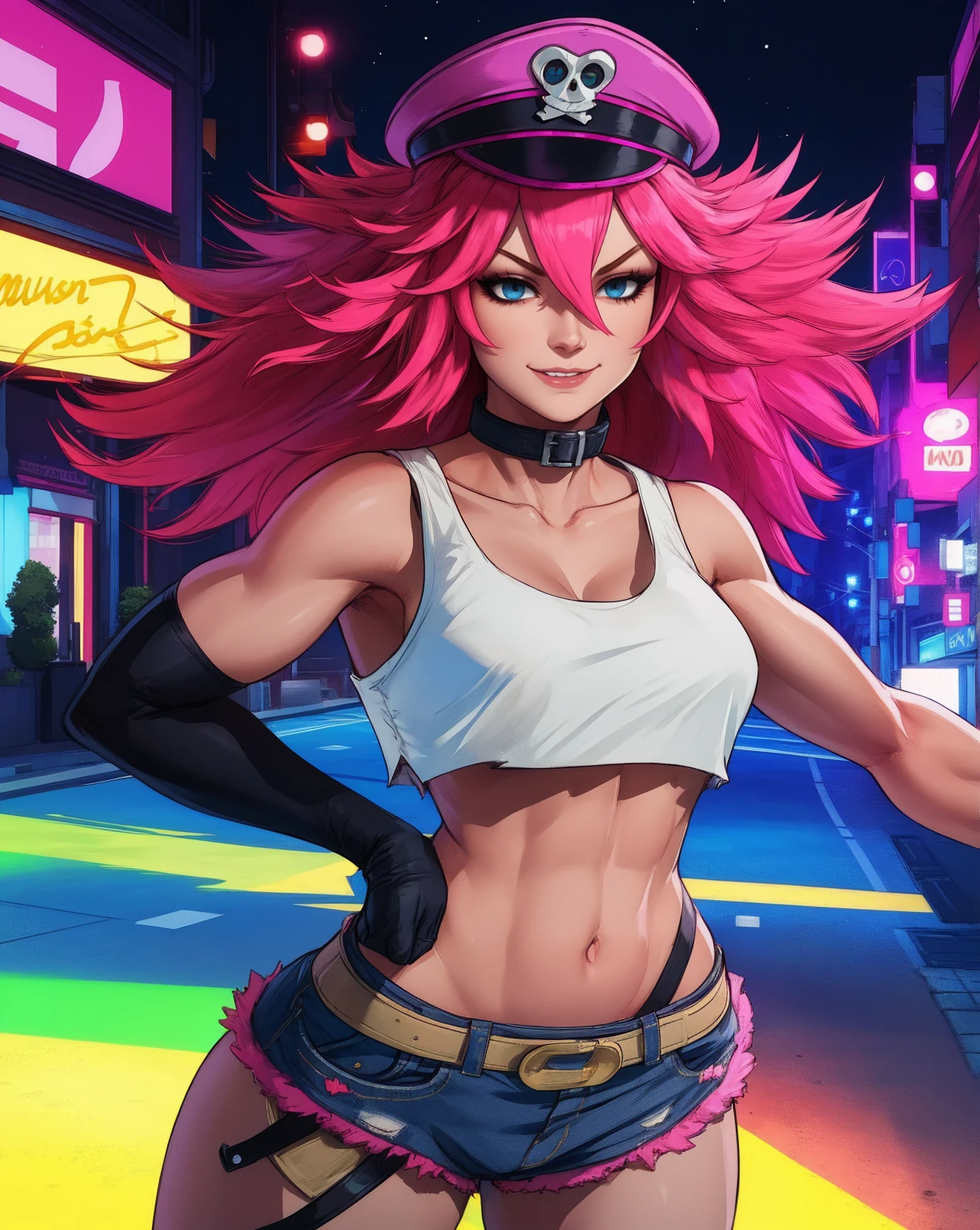 poison,pink hair,blue eyes,longt hair,white crop top,single elbow glove,collar,short shorts,
peaked cap,
upper body,standing,smile,looking at viewer,
night,neon lights,streets,
(insanely detailed, masterpiece, best quality),solo,