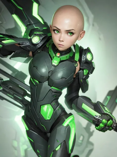 Cute cyborg girl, ((bald)), full body, green synthetic skin, skimpy cyber armor, Green mechanical eyes. 