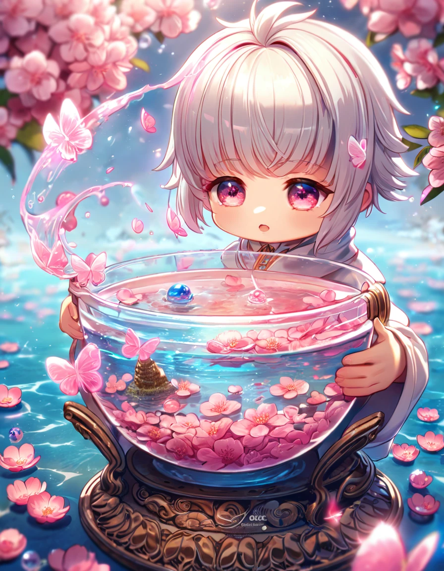 absurdres, highres, ultra detailed, HDR, master piece, best quality, extremely detailed, white hair ball, solo, cute, small, fantasy, magical, magic, pink butterflies, pink petals, pink flowers, water, blossoms