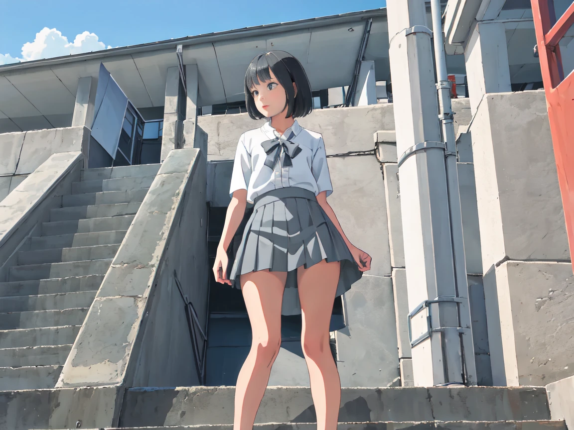 Highest quality, Ultra-high resolution, (Realistic: )Beautiful woman with perfect figure、Short Bob、Grey mini skirt,Summer Shirts,Full body portrait,(From below),Station stairs,Backwards pose