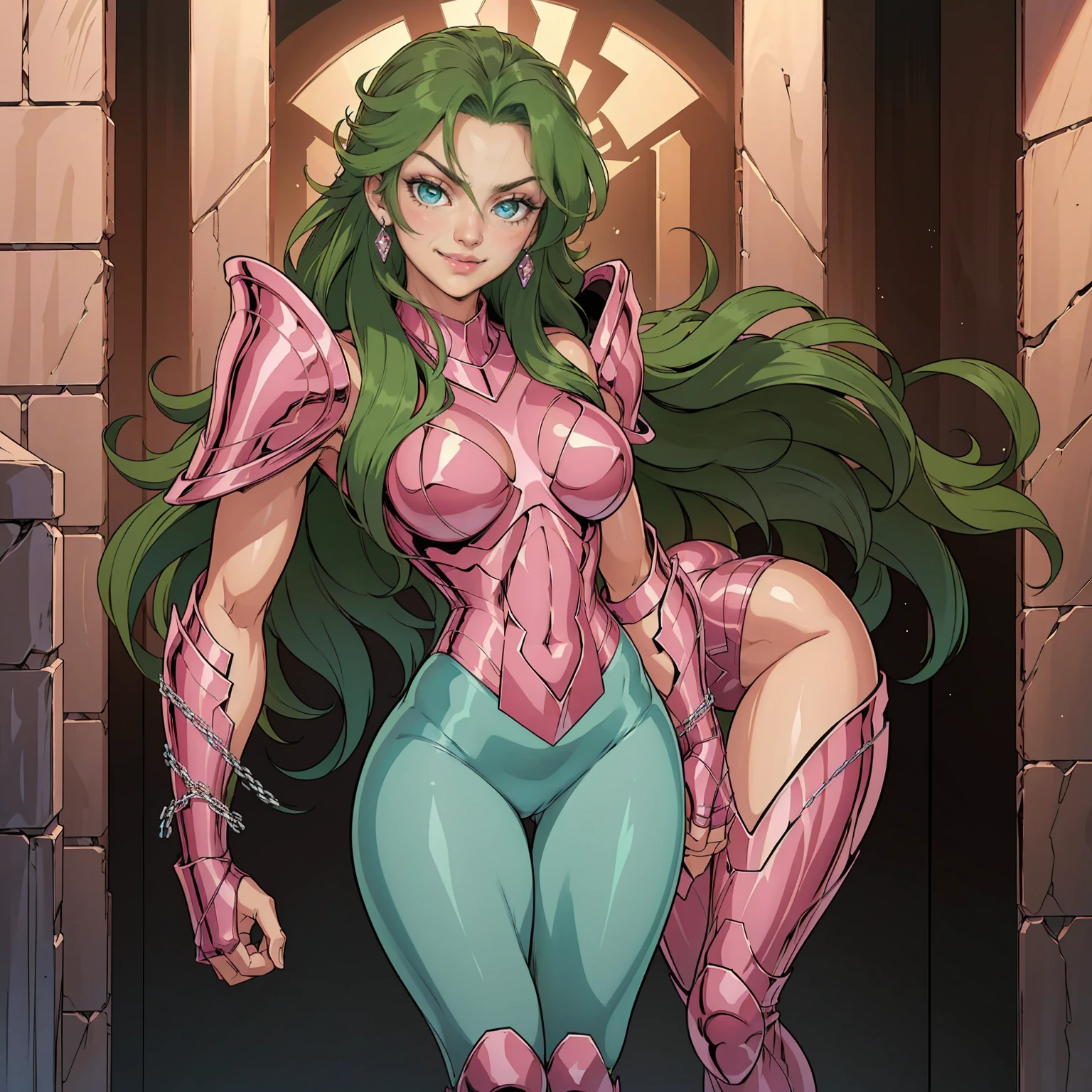 Andromeda Shun, ((long green hair, glowing blue eyes, lipstick, makeup, narrow waist, skinny, medium breasts, alone)), pelvic curtain, ((pink shinning armor, reflection armor)), full body, perfect body, (insanely detailed, beautiful detailed face, masterpiece, best quality) , (((solo))), (((1girl))), (((mature))), (extremely detailed 8k paper CG wall unit: 1.1), (greek ruins background, dusk), (smile face for the viewer), chains around arms, eropose