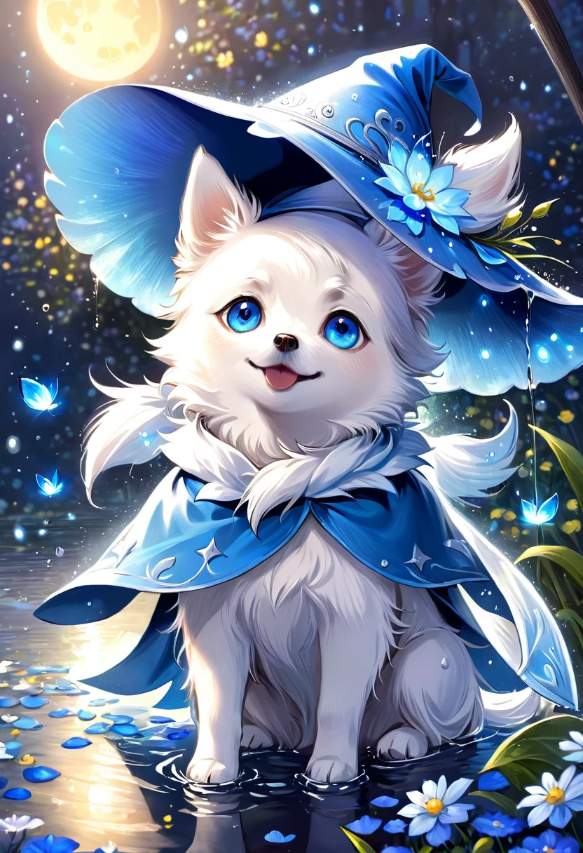 absurdres, highres, ultra detailed, HDR, master piece, small dog, white dog, expressive blue eyes, magical hat, cute, best quality, blue moon, flowers, fantasy, magical, solo, water, blue shining fireflies, blue petals, cape,