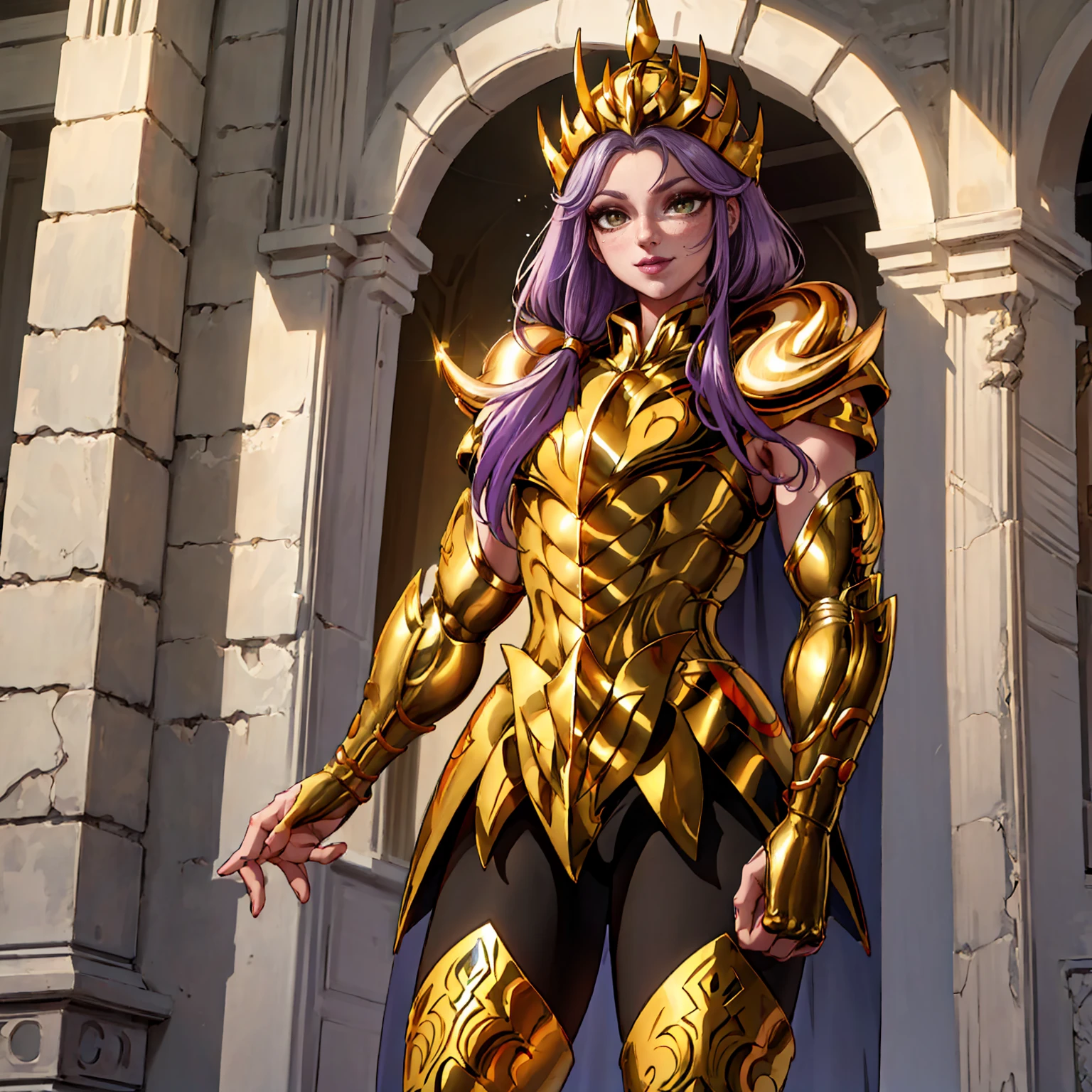 aries, ((long purple hair, glowing green eyes, lipstick, makeup, narrow waist, skinny, medium breasts, alone)), pelvic curtain, ((golden shinning armor, reflection armor)), full body, perfect body, (insanely detailed, beautiful detailed face, masterpiece, best quality) , (((solo))), (((1girl))), (((mature))), (extremely detailed 8k paper CG wall unit: 1.1), (greek ruins background, dusk), (smile face for the viewer), eropose