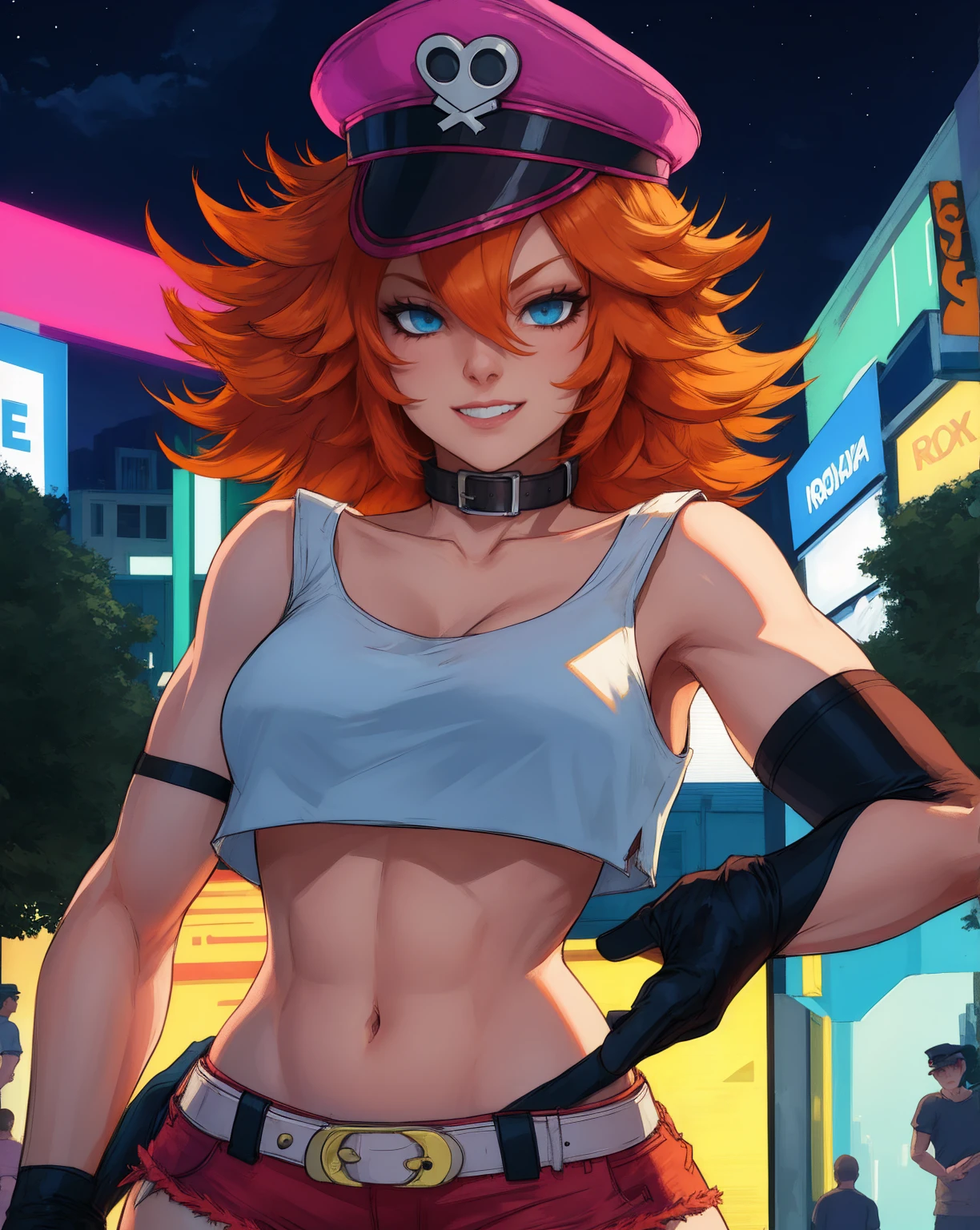 roxy,orange hair,blue eyes,longt hair,white crop top,single elbow glove,collar,short red shorts,
peaked cap,
upper body,standing,smile,looking at viewer,
night,neon lights,streets,
(insanely detailed, masterpiece, best quality),solo,