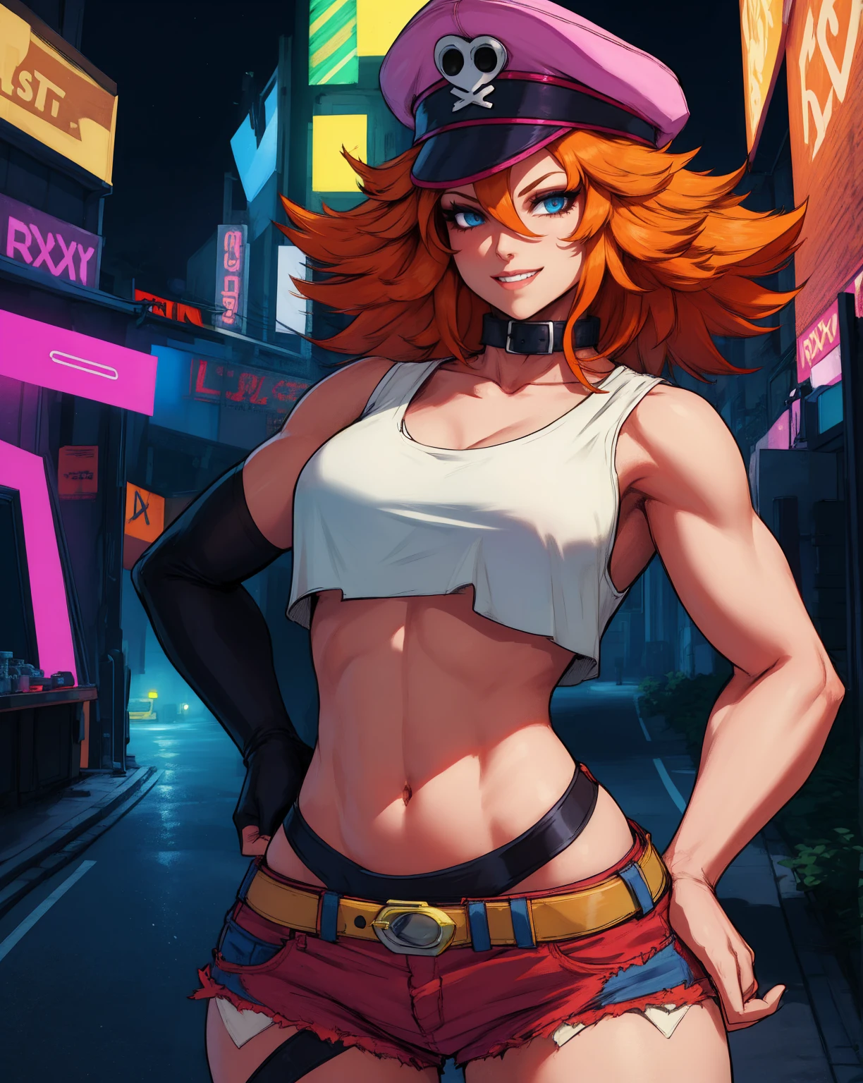 roxy,orange hair,blue eyes,longt hair,white crop top,single elbow glove,collar,short red shorts,
peaked cap,
upper body,standing,smile,looking at viewer,
night,neon lights,streets,
(insanely detailed, masterpiece, best quality),solo,