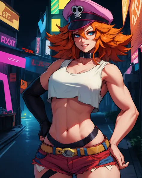 roxy,orange hair,blue eyes,longt hair,white crop top,single elbow glove,collar,short red shorts,
peaked cap,
upper body,standing...