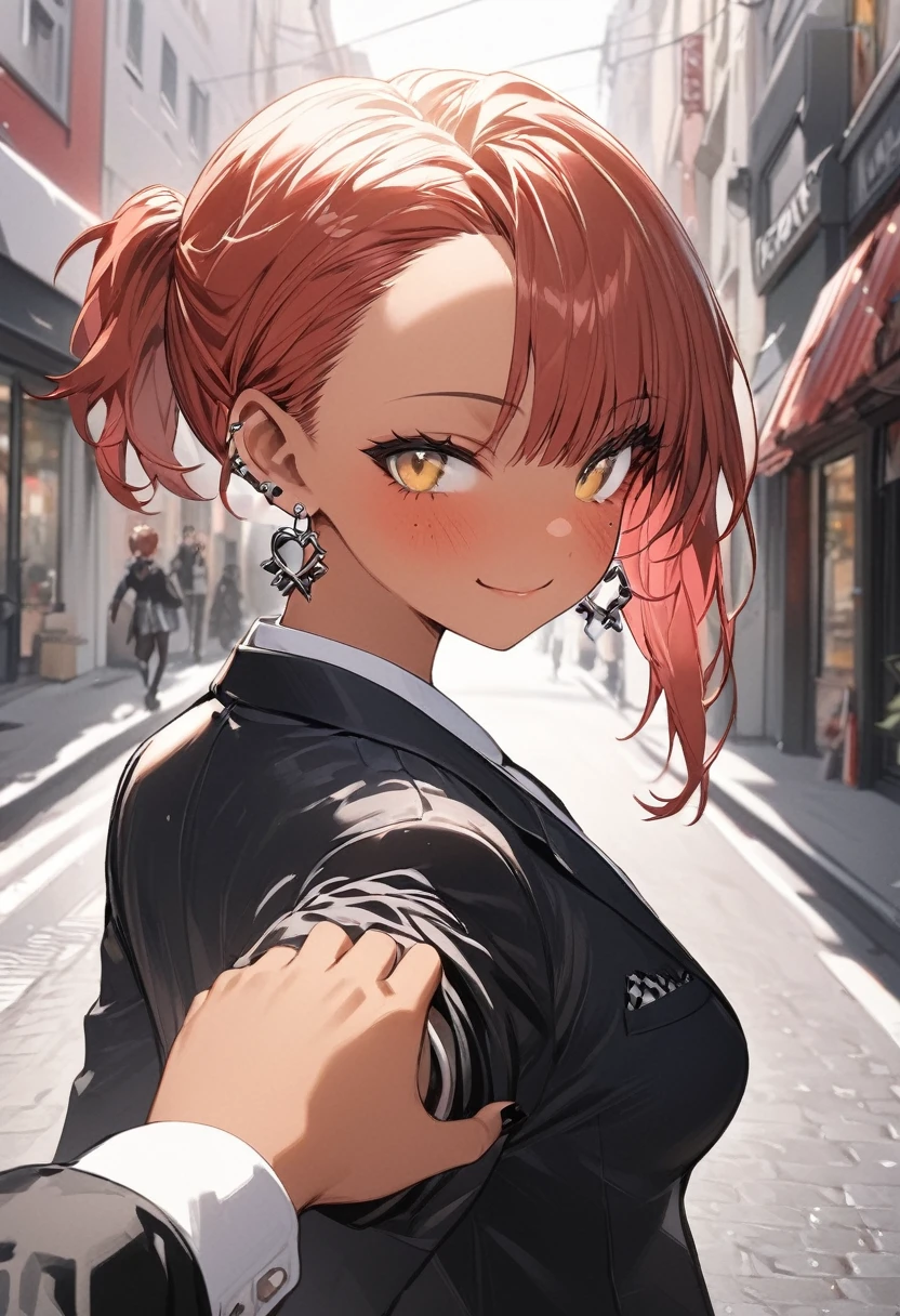 bestquality,1girl, tan skin, freckles, short red hair,left eye blue, right eye yellow, medium breasts,light smile,look at viewer,,blazer, stylish and edgy outfit , punk earrings, painted nails, black nail polish, bf_holding_hands,pov,blush,street, back to camera, looking back at viewer